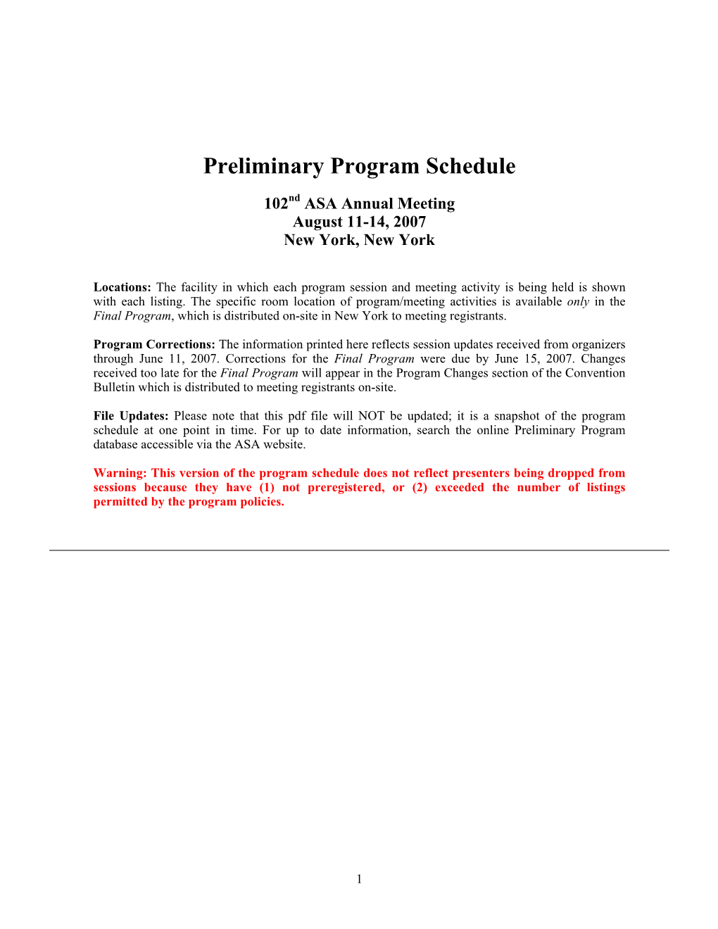Preliminary Program Schedule