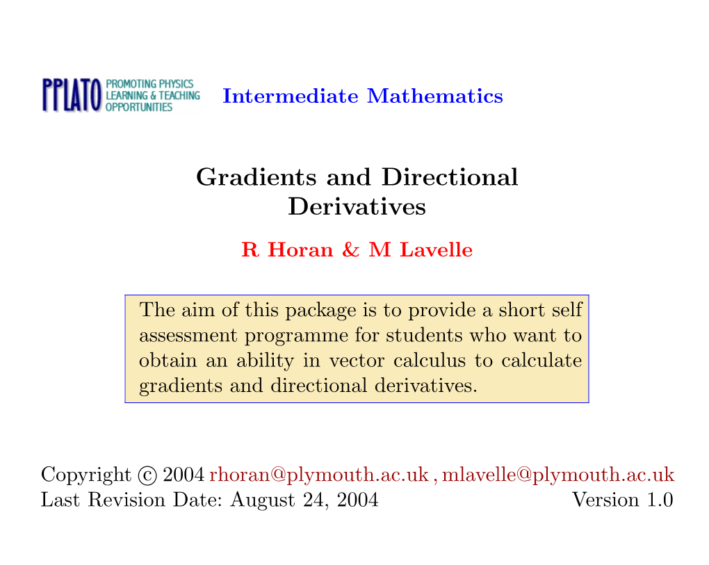 Gradients and Directional Derivatives R Horan & M Lavelle