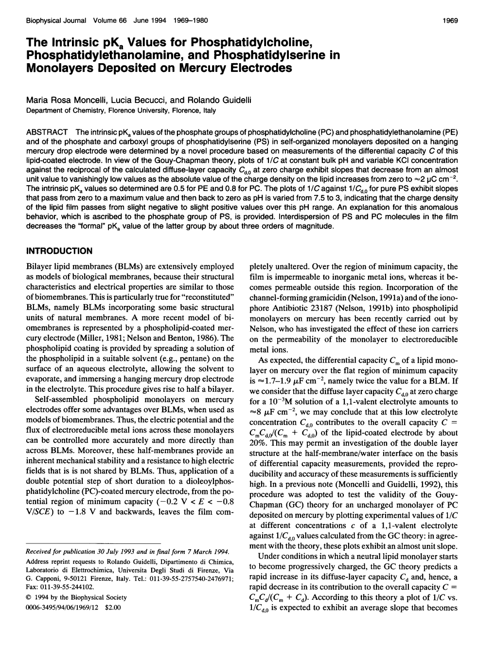 The Intrinsic Pka Values for Phosphatidylcholine, Phosphatidylethanolamine, and Phosphatidylserine in Monolayers Deposited on Mercury Electrodes