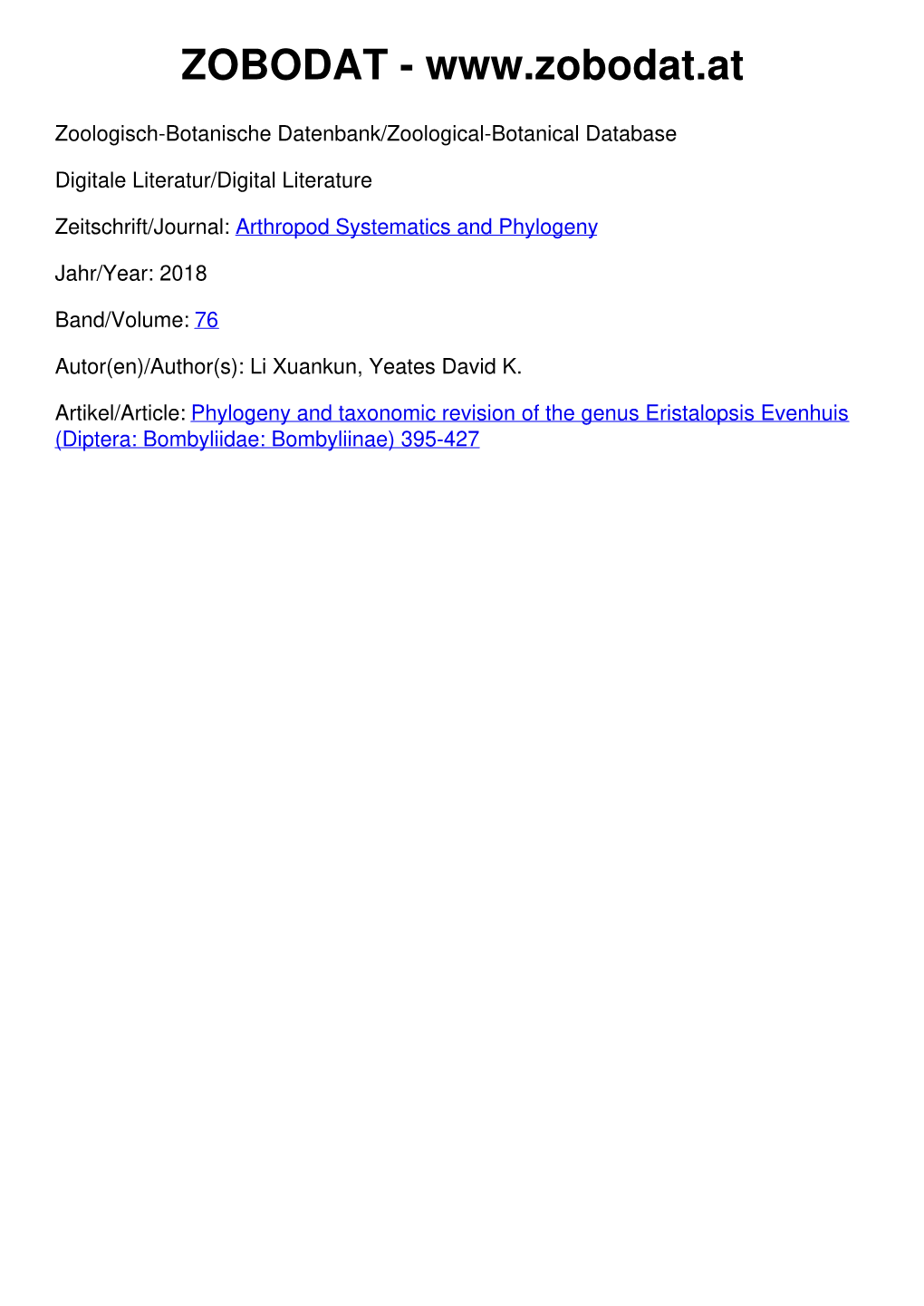 Phylogeny and Taxonomic Revision of the Genus Eristalopsis Evenhuis (Diptera: Bombyliidae: Bombyliinae) 395-427 76 (3): 395 – 427 11.12.2018