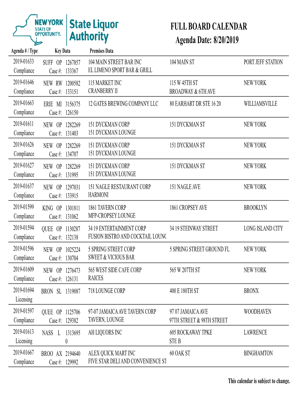 FULL BOARD CALENDAR 8/20/2019 Agenda Date