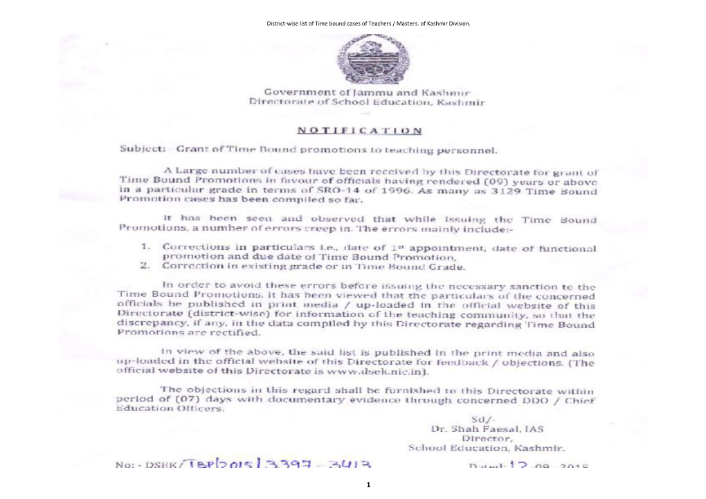 District-Wise List of Time Bound Cases of Teachers / Masters. of Kashmir Division