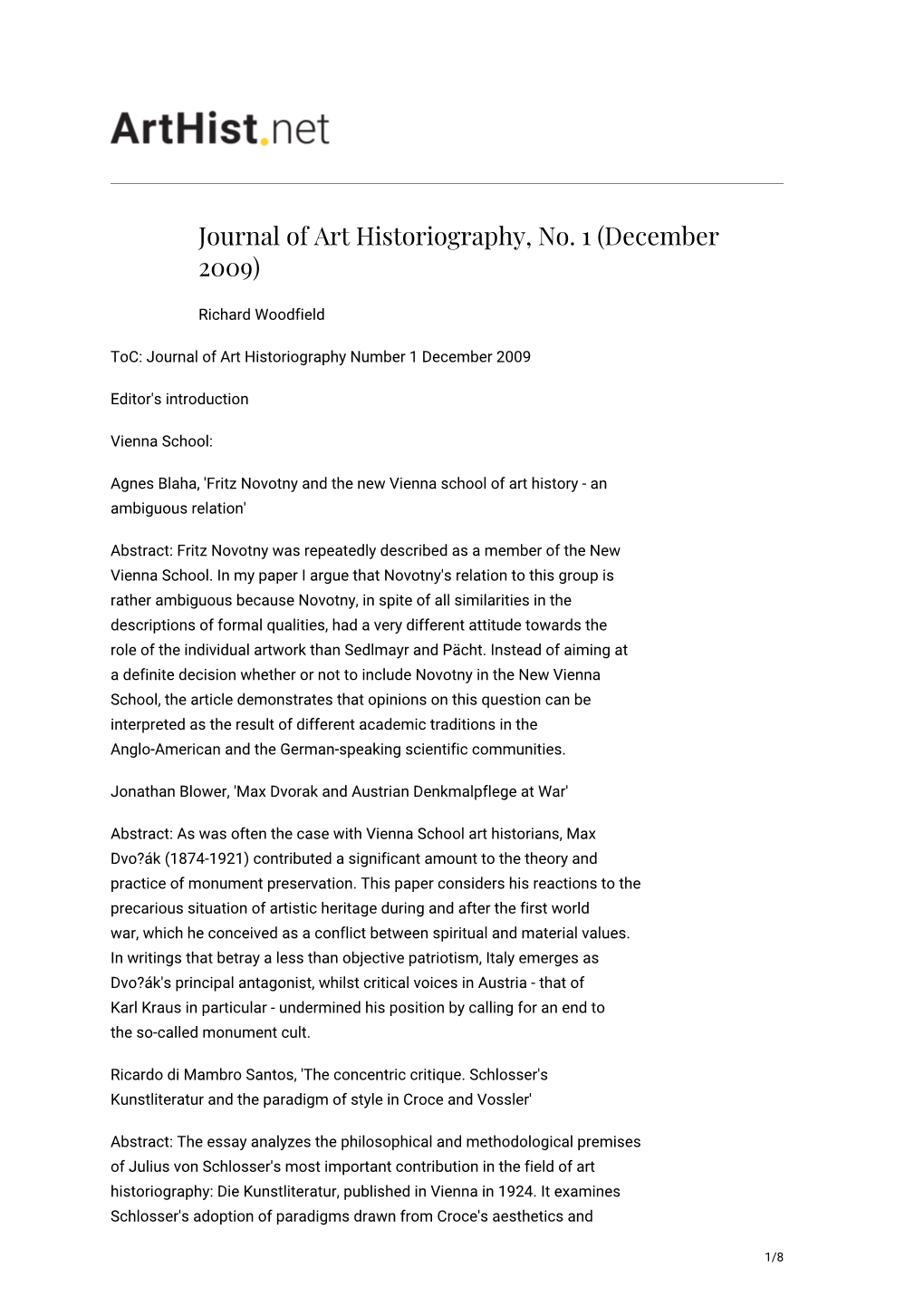 Journal of Art Historiography, No. 1 (December 2009)