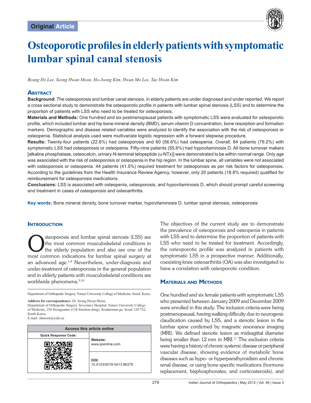 Osteoporotic Profiles in Elderly Patients with Symptomatic Lumbar Spinal Canal Stenosis