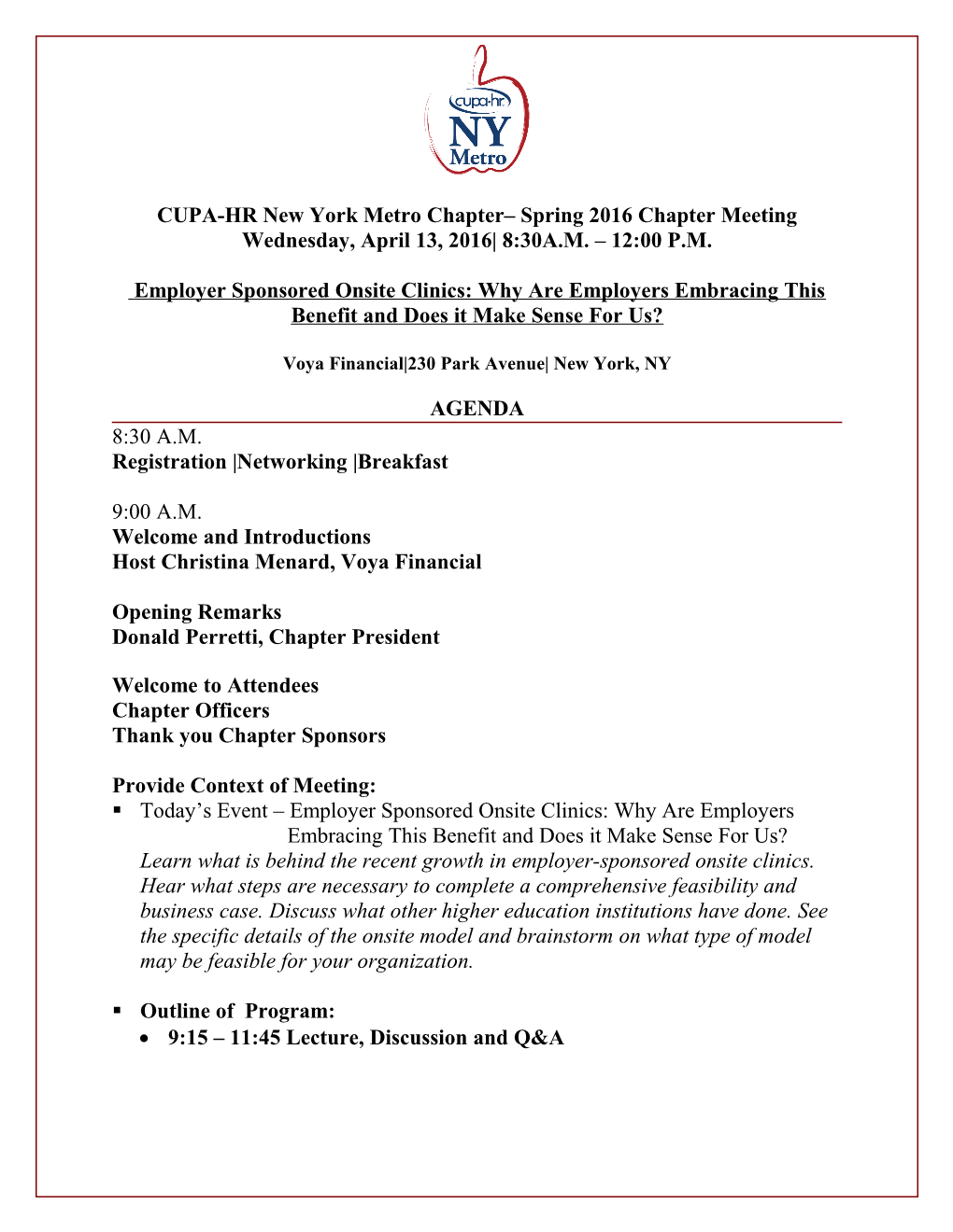 CUPA-HR New York Metro Chapter Spring 2016 Chapter Meeting