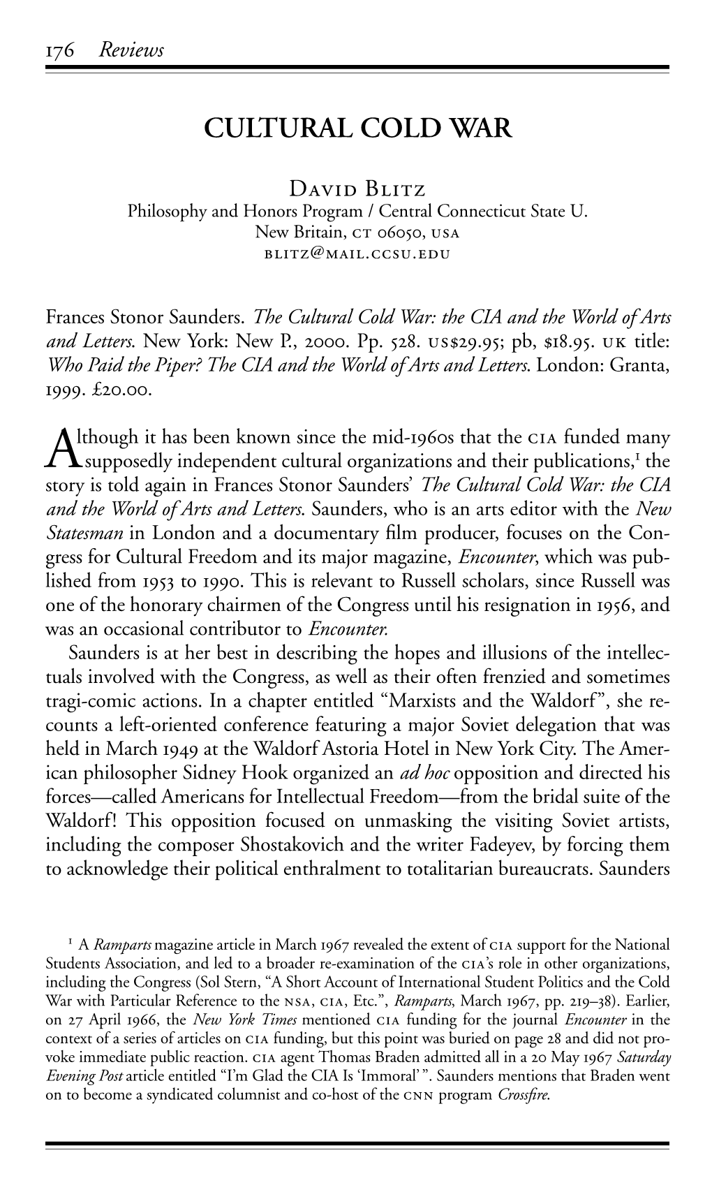 Cultural Cold War [Review of Frances Stonor Saunders, the Cultural Cold