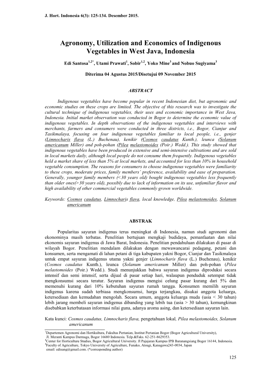 Agronomy, Utilization and Economics of Indigenous Vegetables in West Java, Indonesia