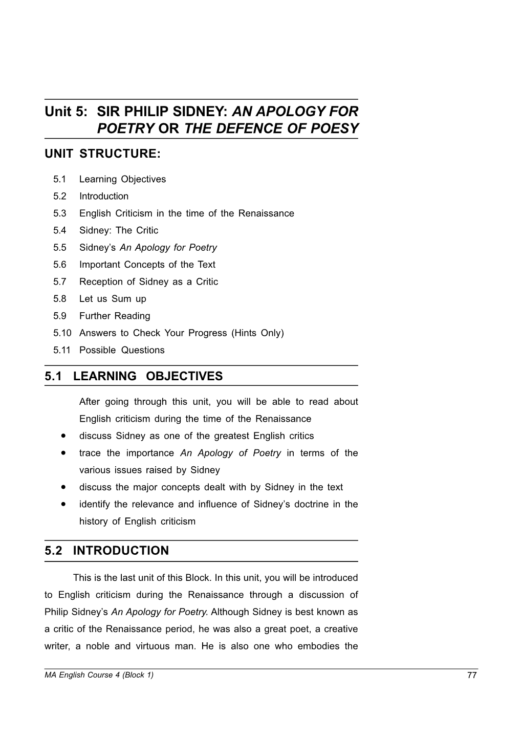 Sir Philip Sidney: an Apology for Poetry Or the Defence of Poesy Unit 5