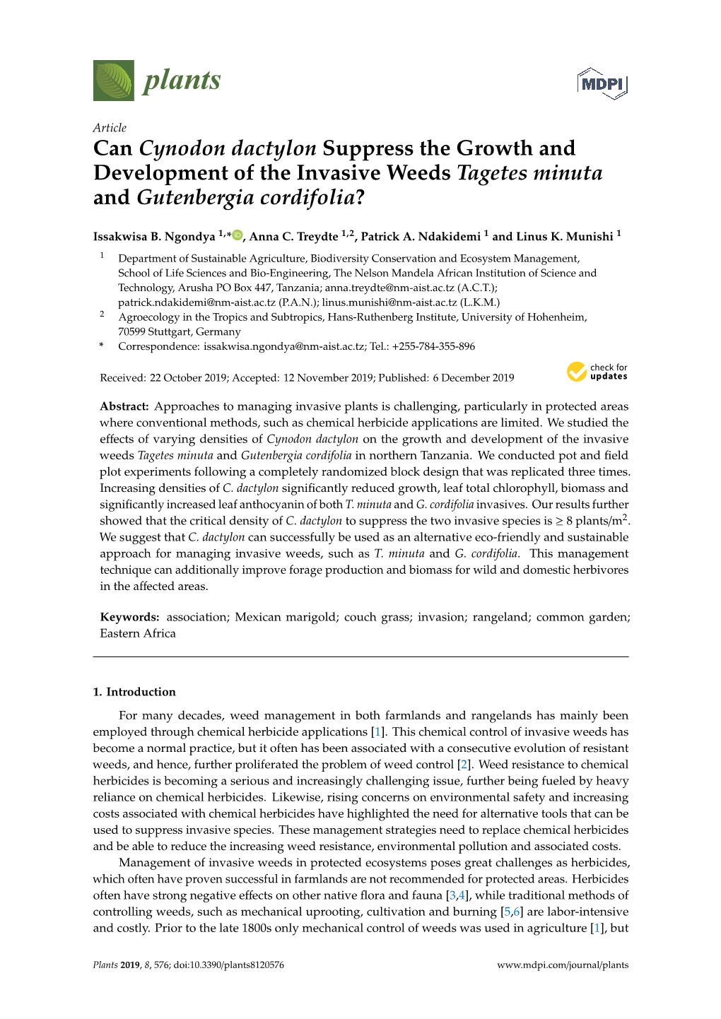 Can Cynodon Dactylon Suppress the Growth and Development of the Invasive Weeds Tagetes Minuta and Gutenbergia Cordifolia?