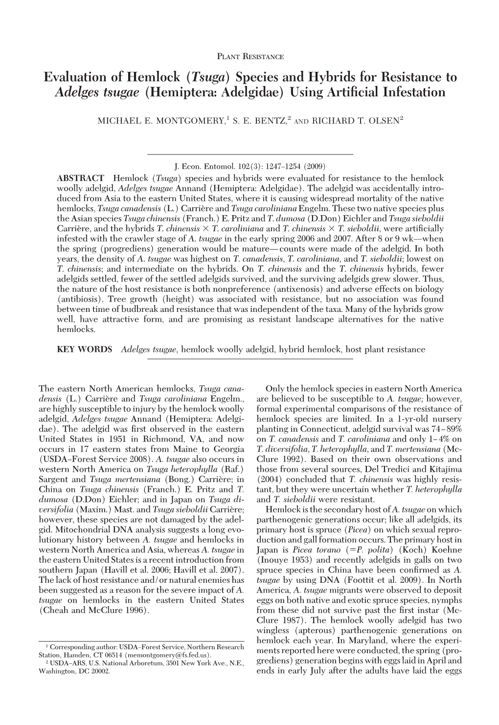 Evaluation of Hemlock (Tsuga) Species and Hybrids for Resistance to Adelges Tsugae (Hemiptera: Adelgidae) Using Artiﬁcial Infestation