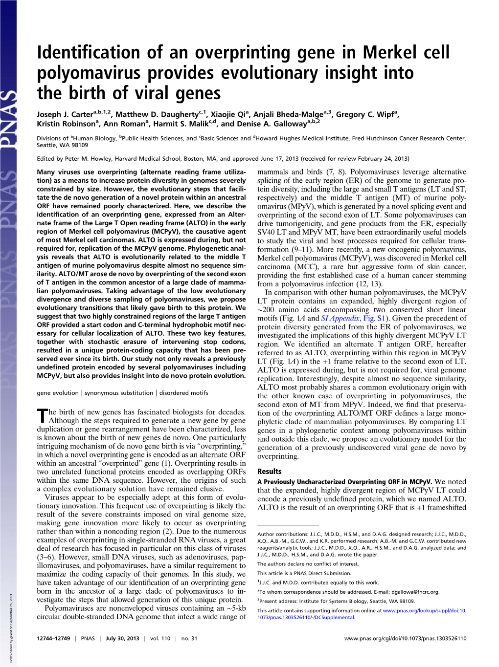 Identification of an Overprinting Gene in Merkel Cell Polyomavirus