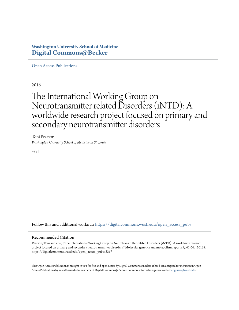 The International Working Group on Neurotransmitter Related Disorders (Intd): a Worldwide Research Project Focused on Primary and Secondary Neurotransmitter Disorders
