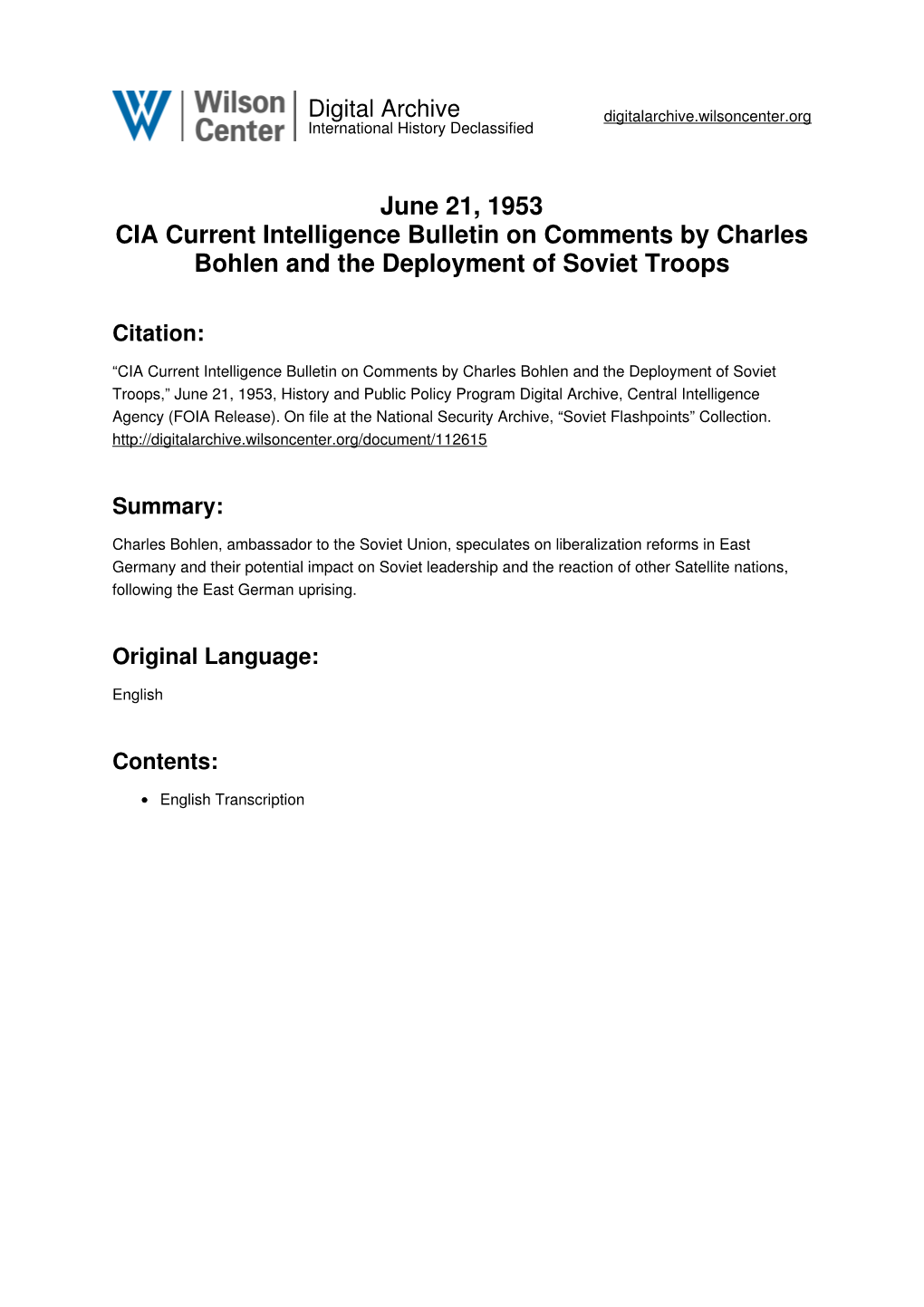 June 21, 1953 CIA Current Intelligence Bulletin on Comments by Charles Bohlen and the Deployment of Soviet Troops