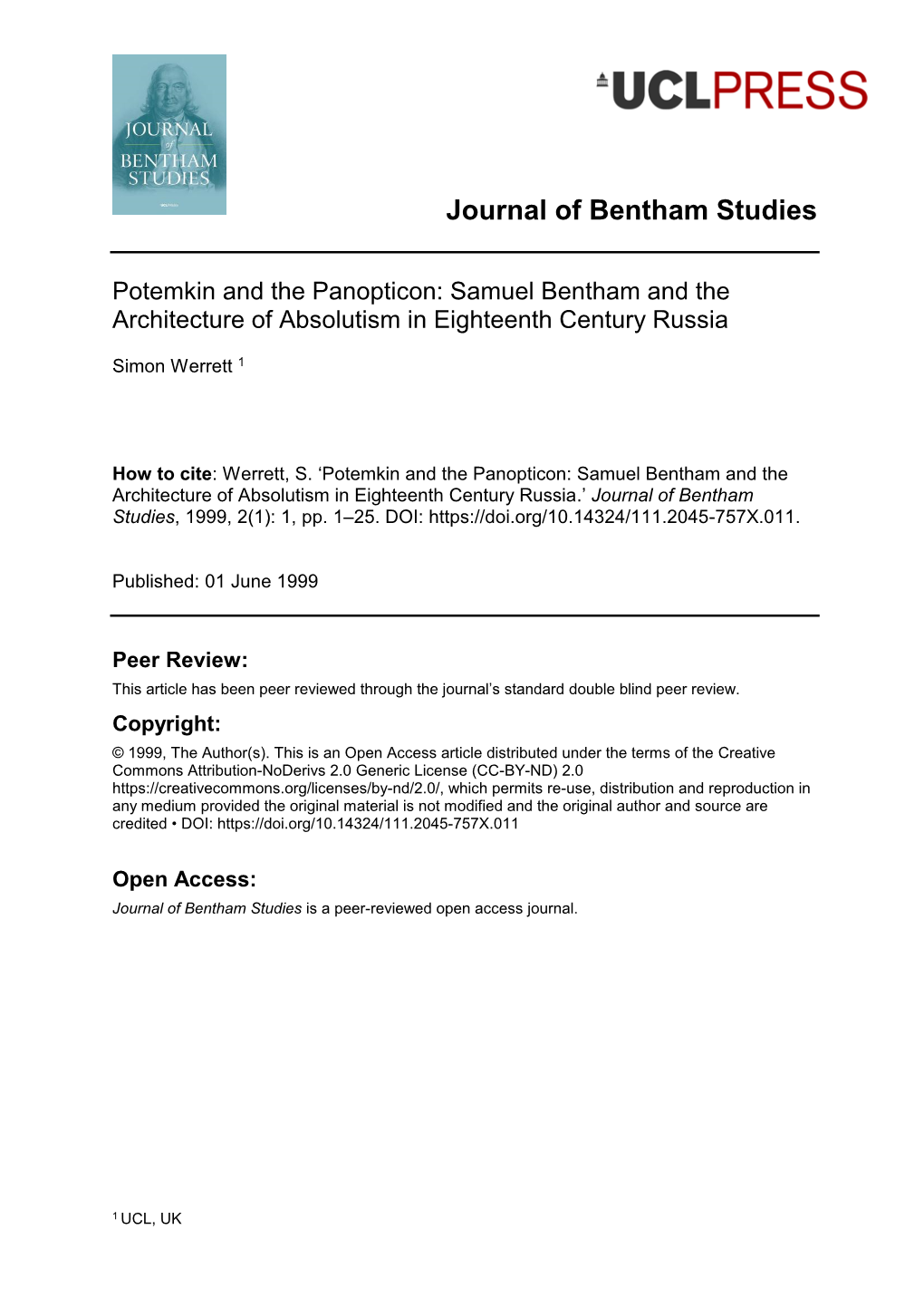 Potemkin and the Panopticon: Samuel Bentham and the Architecture of Absolutism in Eighteenth Century Russia