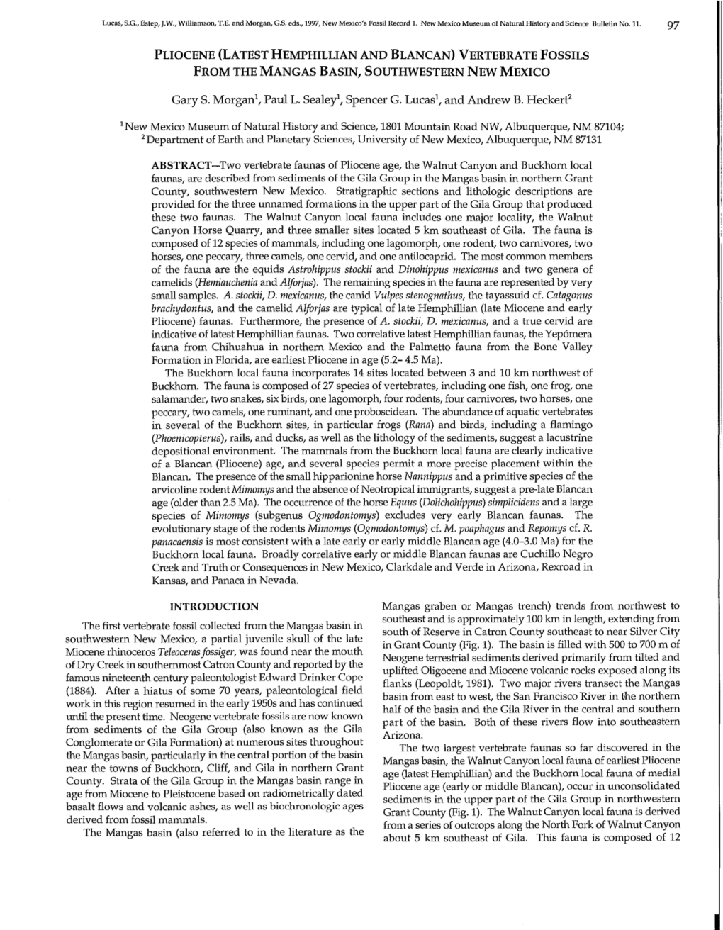 Pliocene (Latest Hemphillian and Blancan) Vertebrate Fossils from the Mangas Basin, Southwestern New Mexico