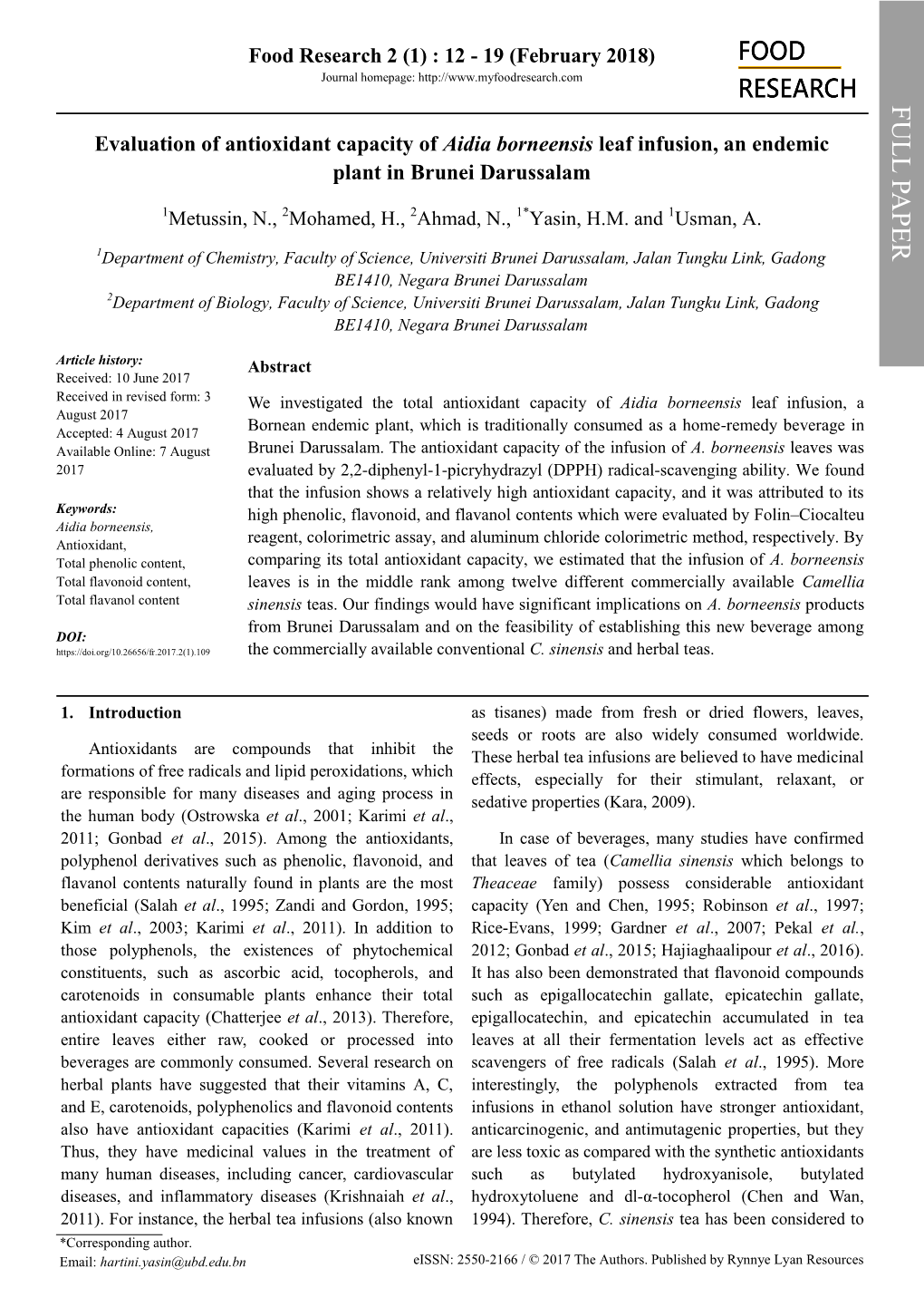 Evaluation of Antioxidant Capacity of Aidia Borneensis Leaf Infusion, an Endemic Plant in Brunei Darussalam