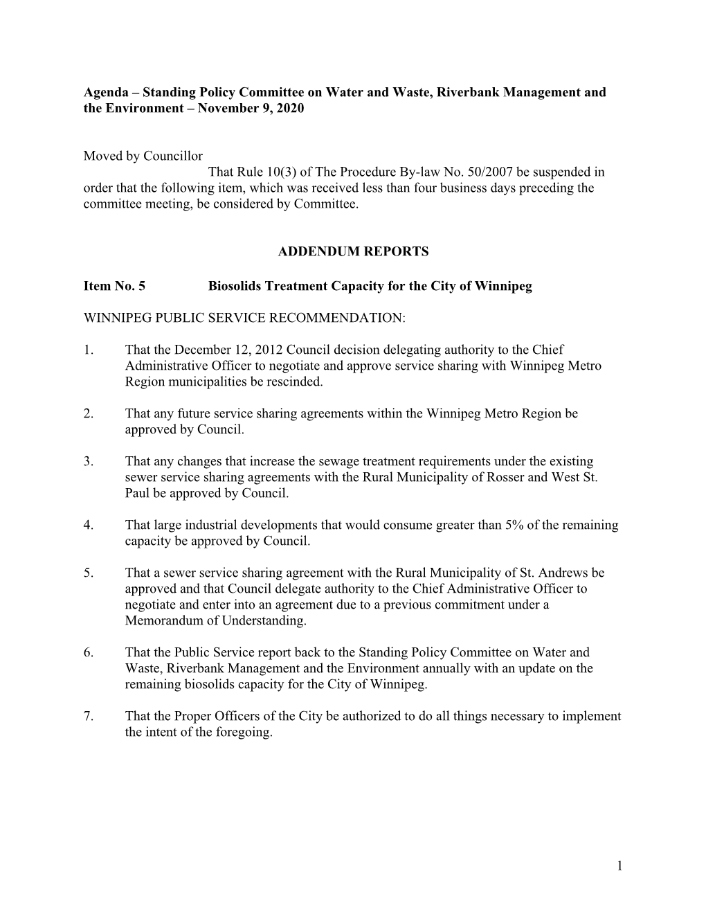 Standing Policy Committee on Water and Waste, Riverbank Management and the Environment – November 9, 2020