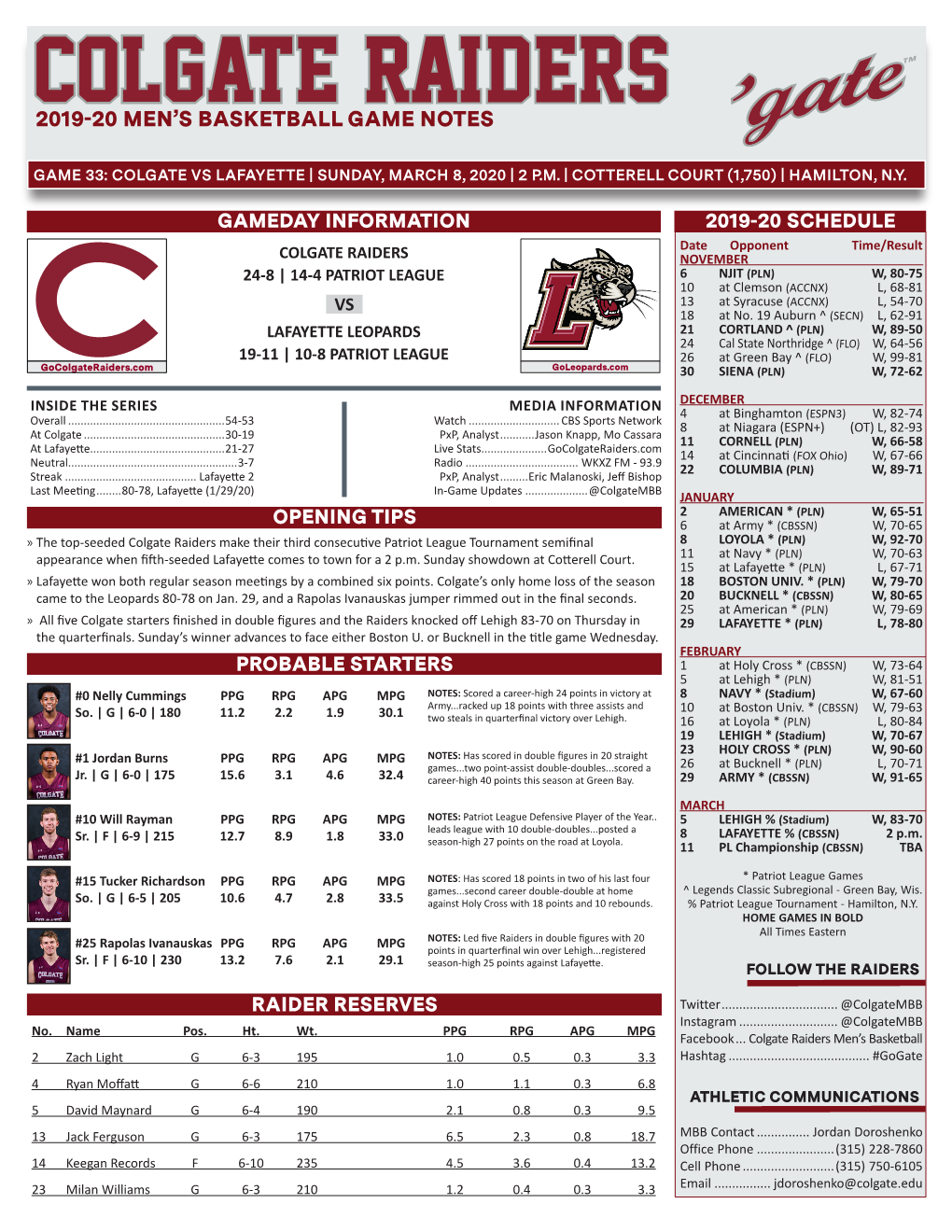 2019-20 Men's Basketball Game Notes