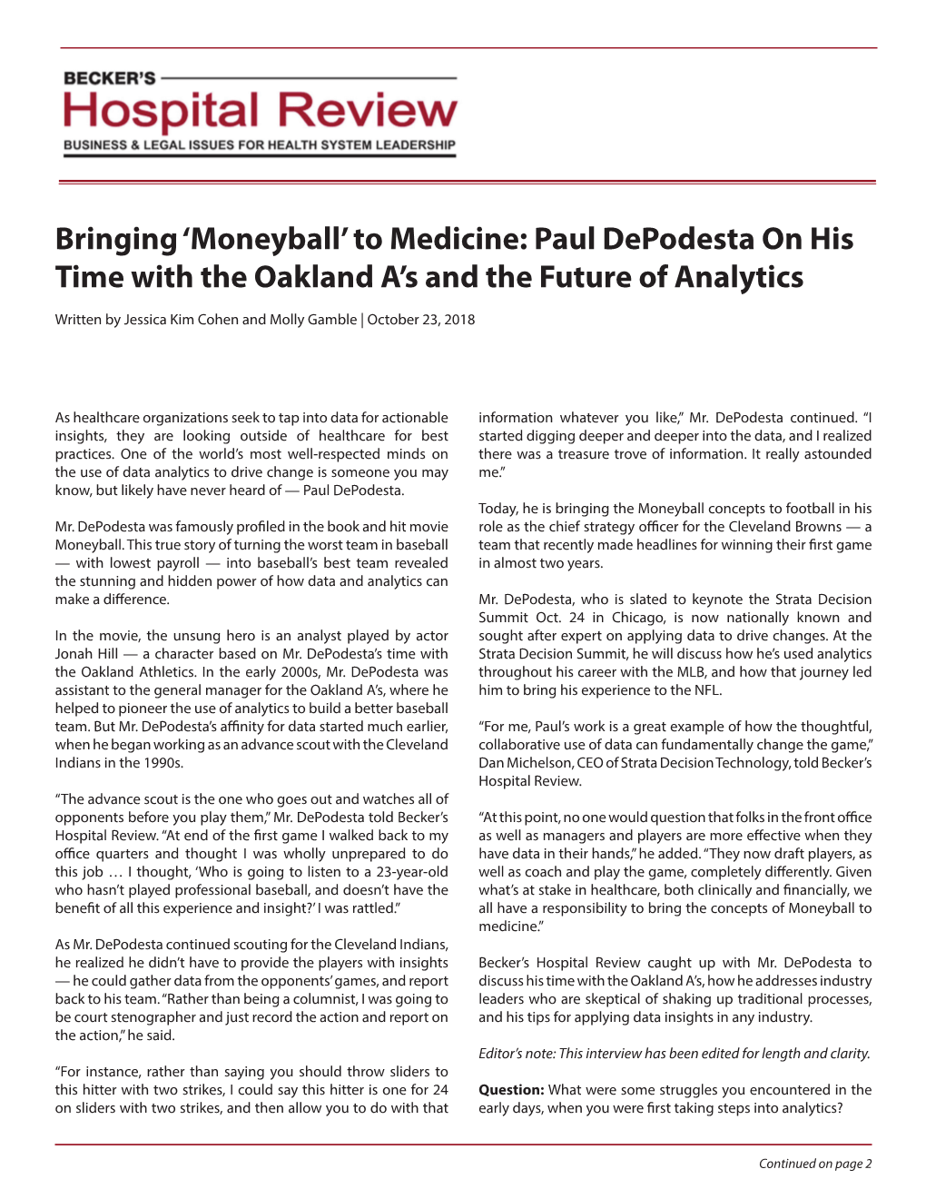 Moneyball’ to Medicine: Paul Depodesta on His Time with the Oakland A’S and the Future of Analytics