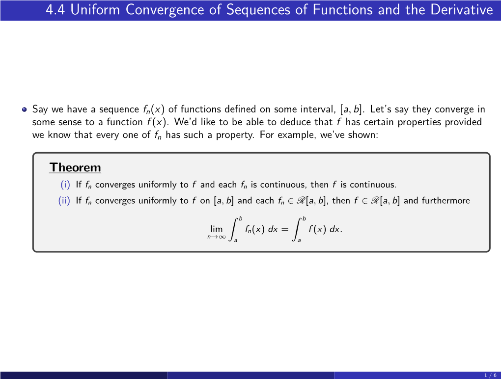 4.4 Uniform Convergence of Sequences of Functions and the Derivative