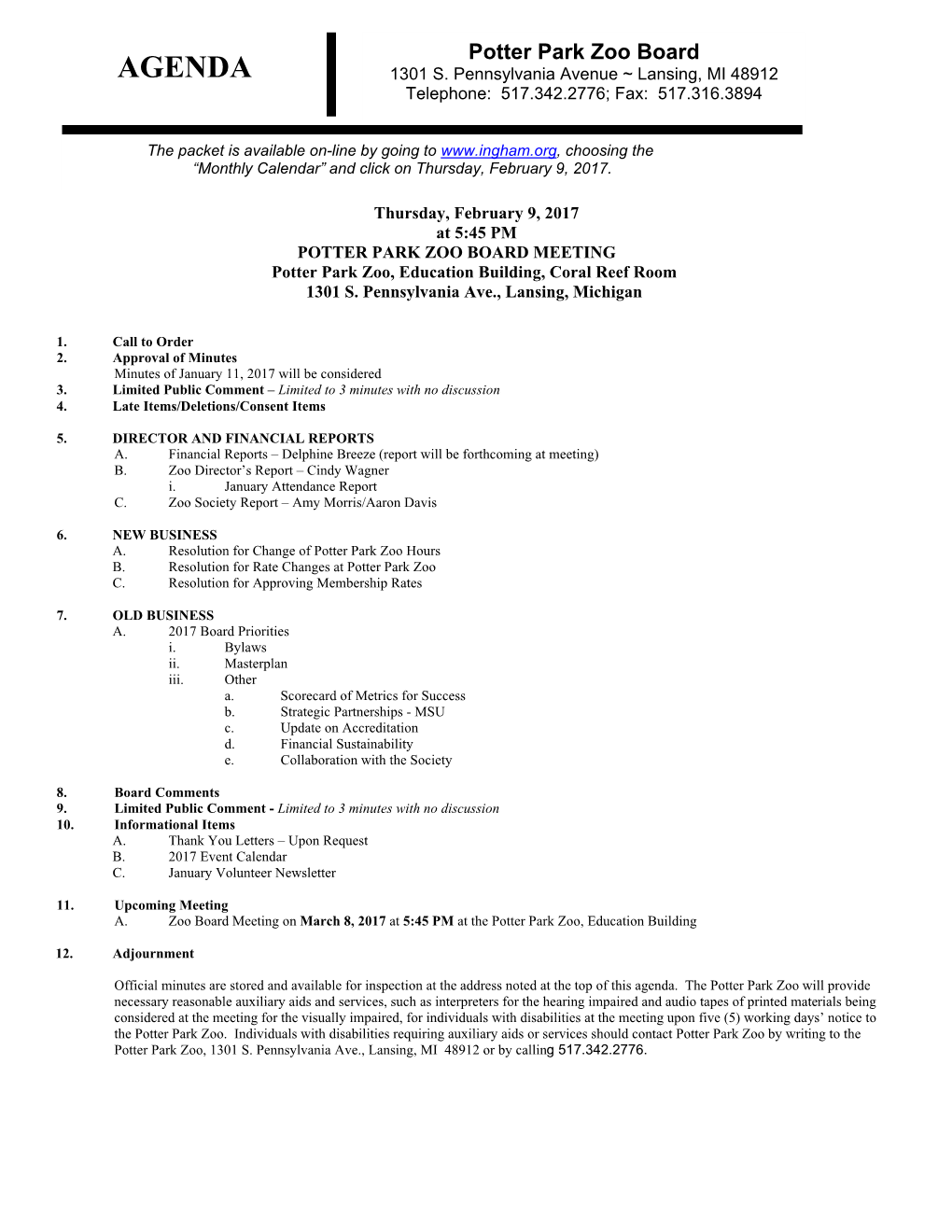 Potter Park Zoo Board AGENDA 1301 S