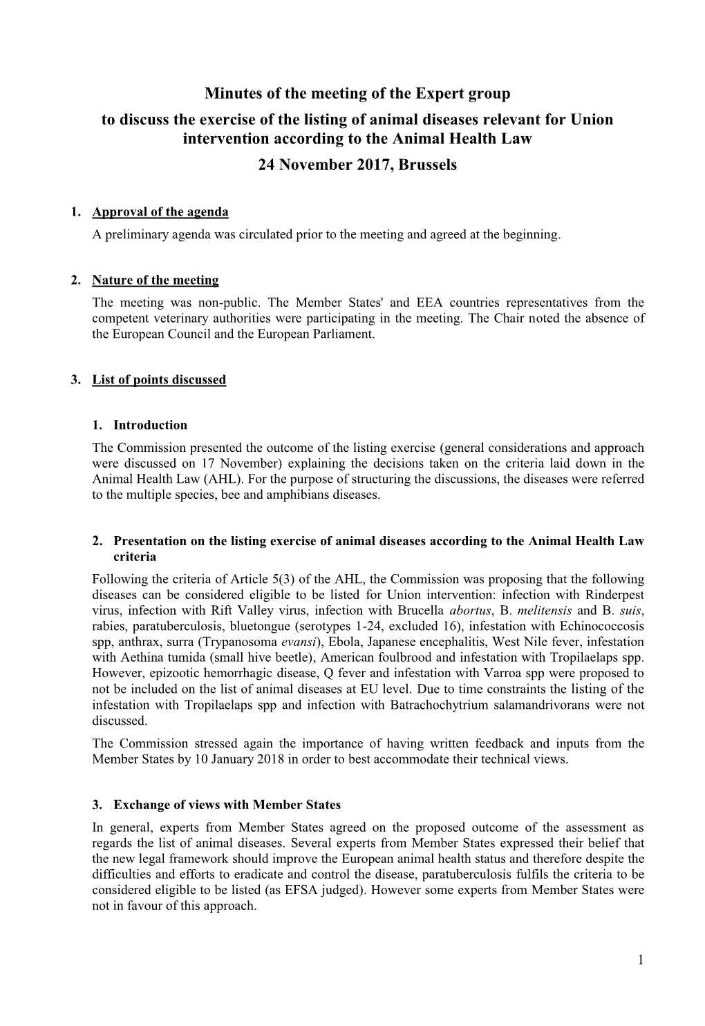 Minutes of the Meeting of the Expert Group to Discuss the Exercise of the Listing of Animal Diseases Relevant for Union Interve