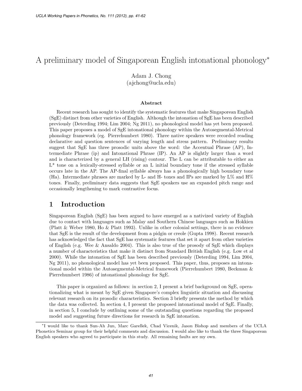 A Preliminary Model of Singaporean English Intonational Phonology∗