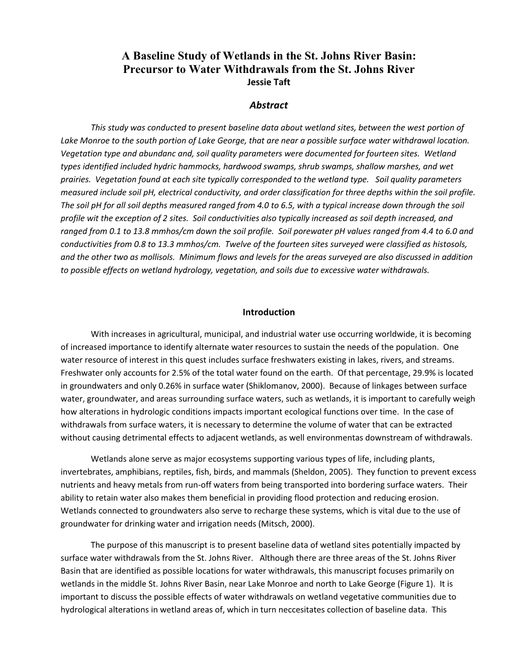 A Baseline Study of Wetlands in the St. Johns River Basin: Precursor to Water Withdrawals from the St