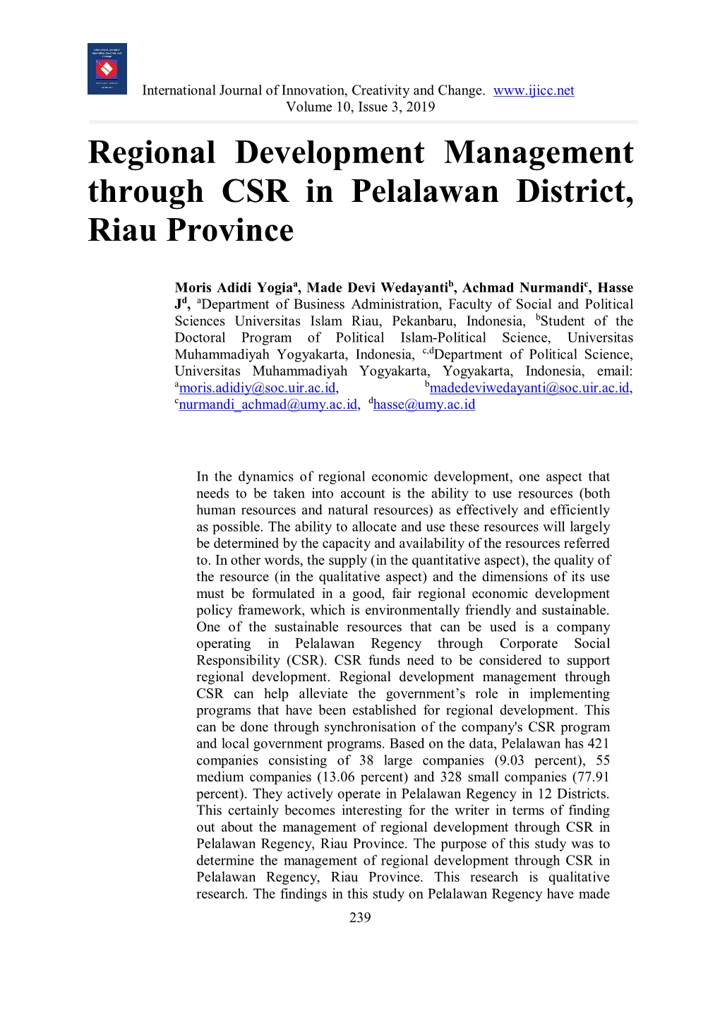 Regional Development Management Through CSR in Pelalawan District, Riau Province