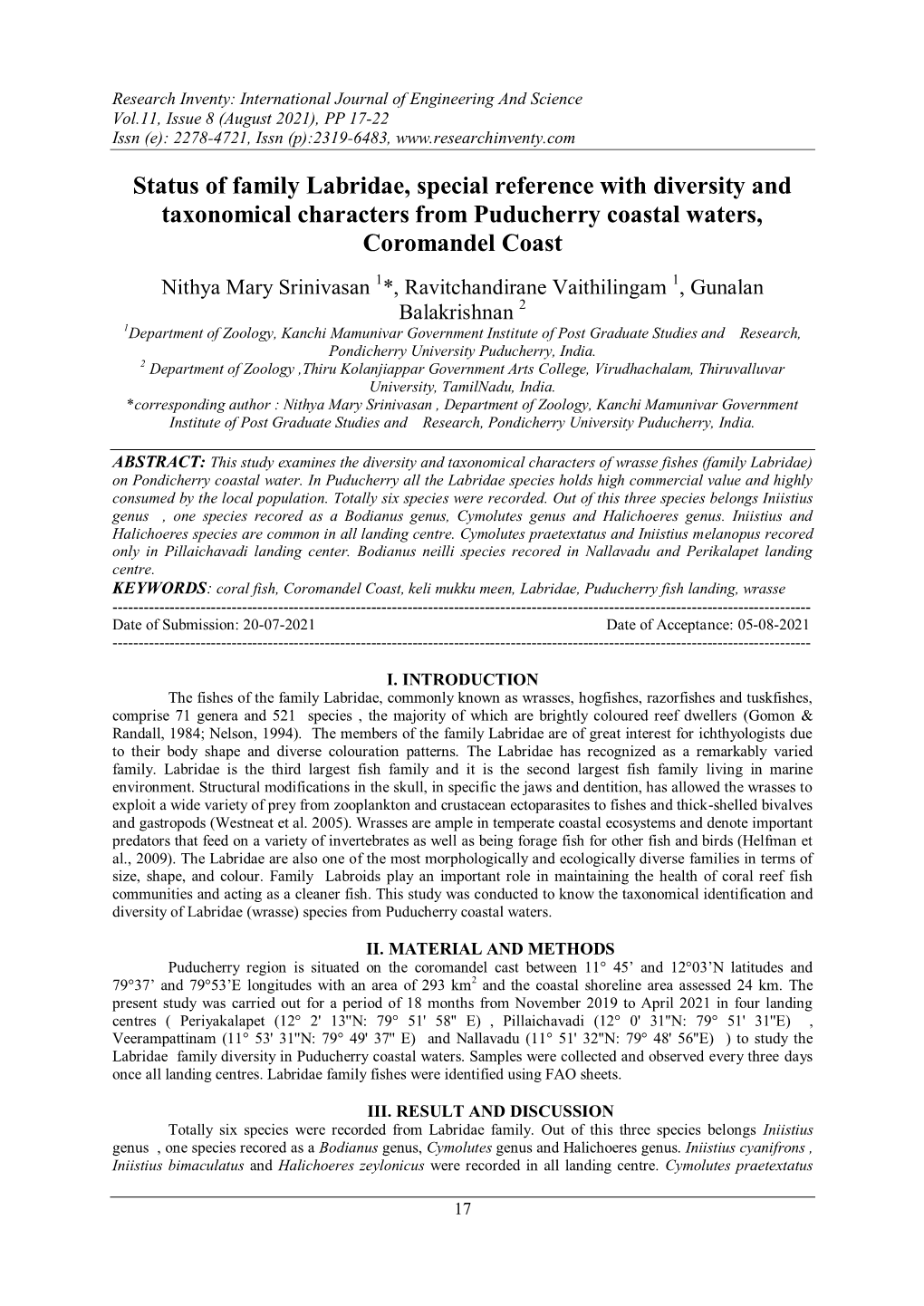 Status of Family Labridae, Special Reference with Diversity and Taxonomical Characters from Puducherry Coastal Waters, Coromandel Coast