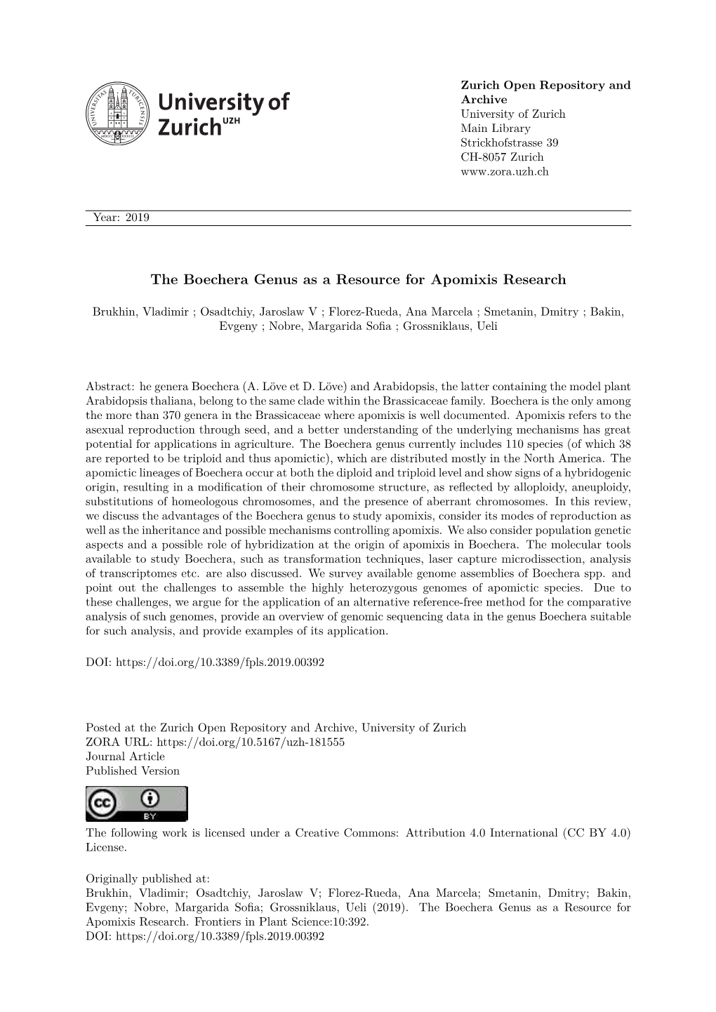 The Boechera Genus As a Resource for Apomixis Research