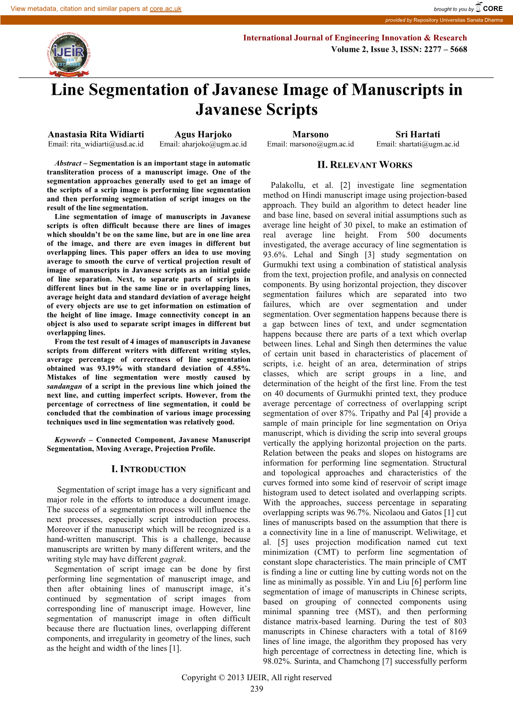 Line Segmentation of Javanese Image of Manuscripts in Javanese Scripts