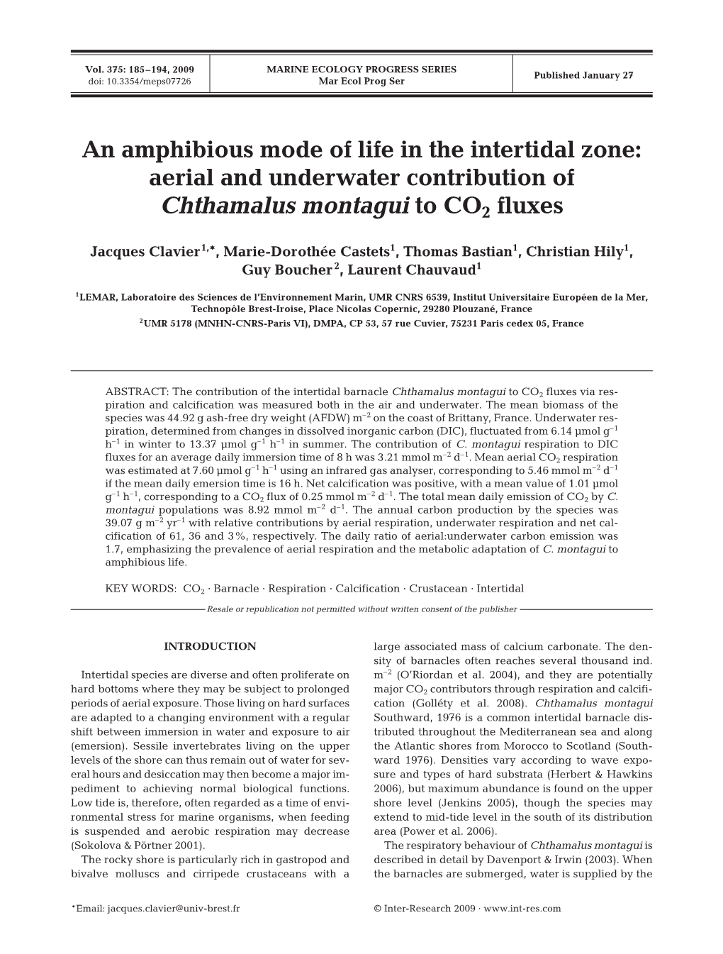 An Amphibious Mode of Life in the Intertidal Zone: Aerial and Underwater Contribution of Chthamalus Montagui to CO2 Fluxes