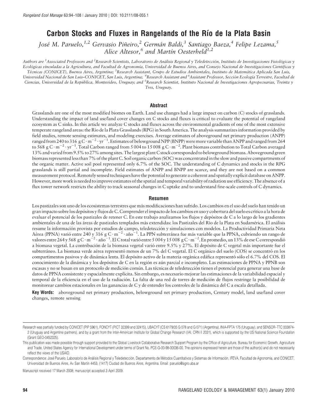 Carbon Stocks and Fluxes in Rangelands of the Rıo De La Plata