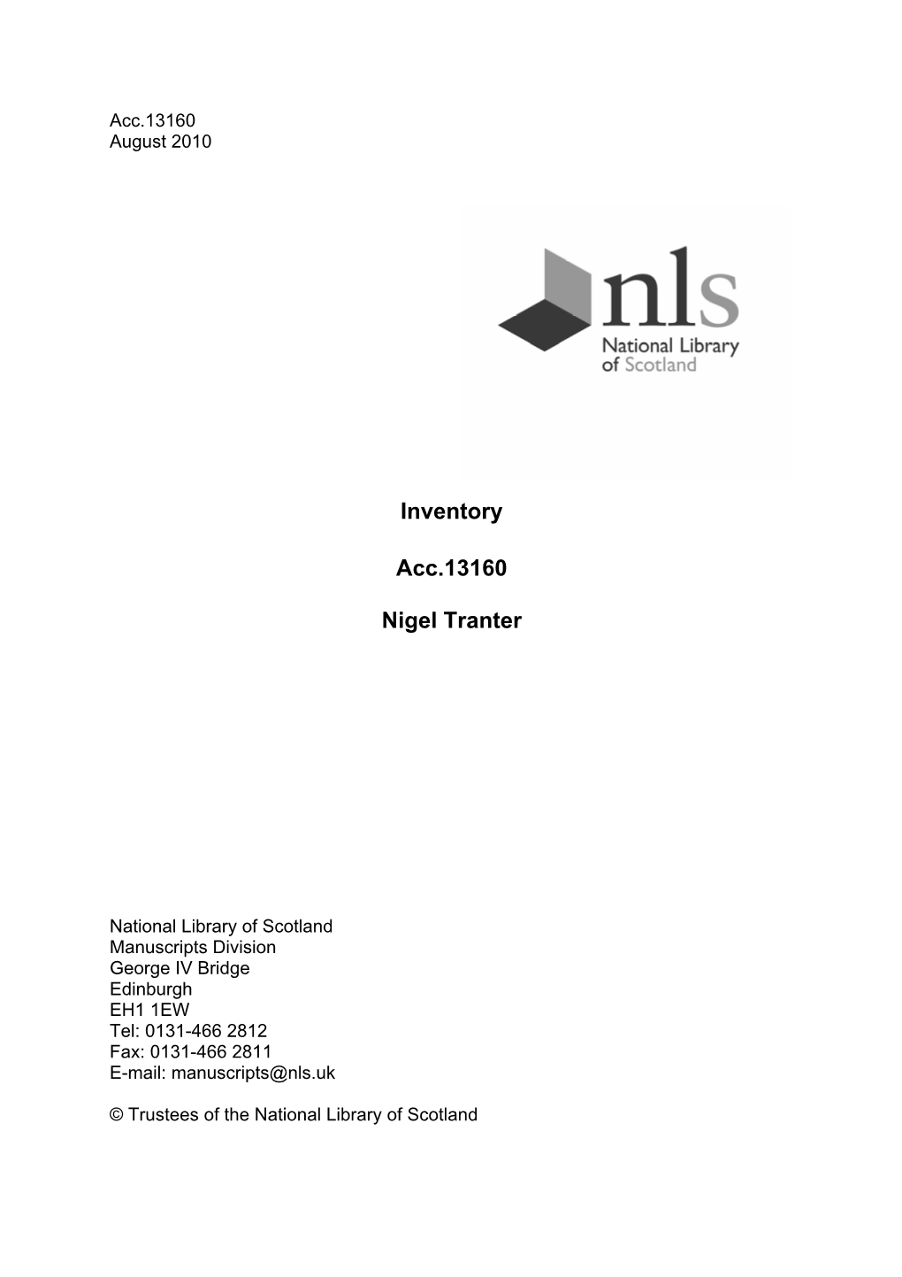 Inventory Acc.13160 Nigel Tranter