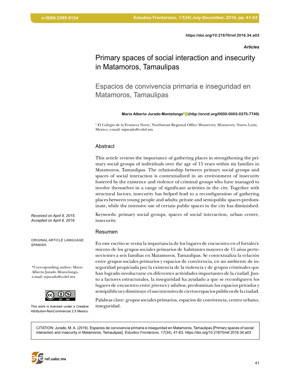 Primary Spaces of Social Interaction and Insecurity in Matamoros, Tamaulipas