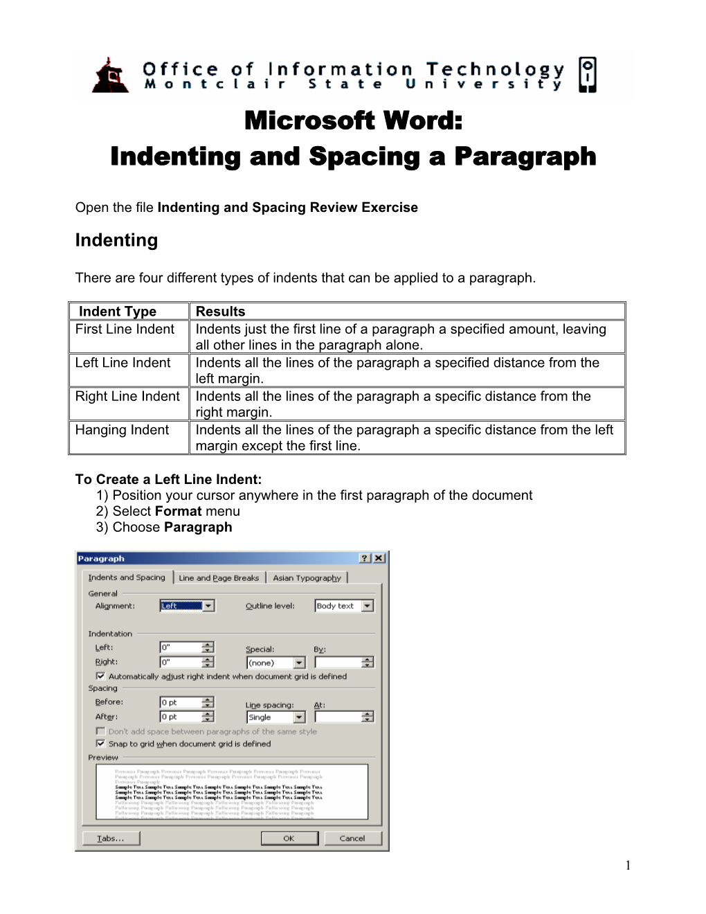 Microsoft Word: Indenting and Spacing a Paragraph