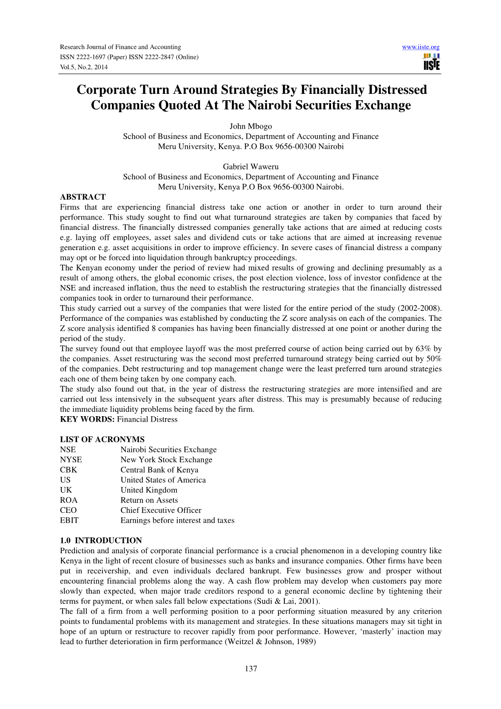 Corporate Turn Around Strategies by Financially Distressed Companies Quoted at the Nairobi Securities Exchange