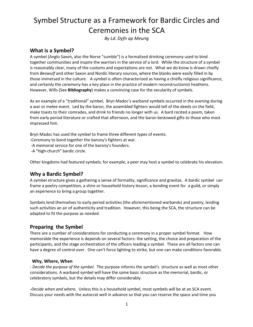 Symbel Structure As a Framework for Bardic Circles and Ceremonies in the SCA by Ld