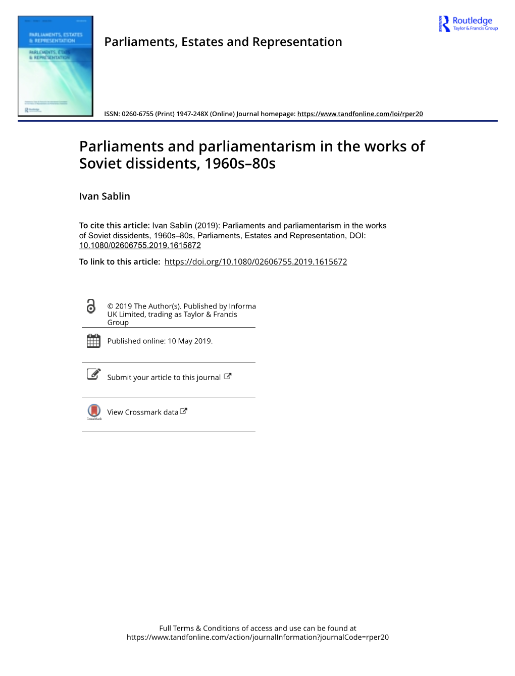 Parliaments and Parliamentarism in the Works of Soviet Dissidents, 1960S–80S