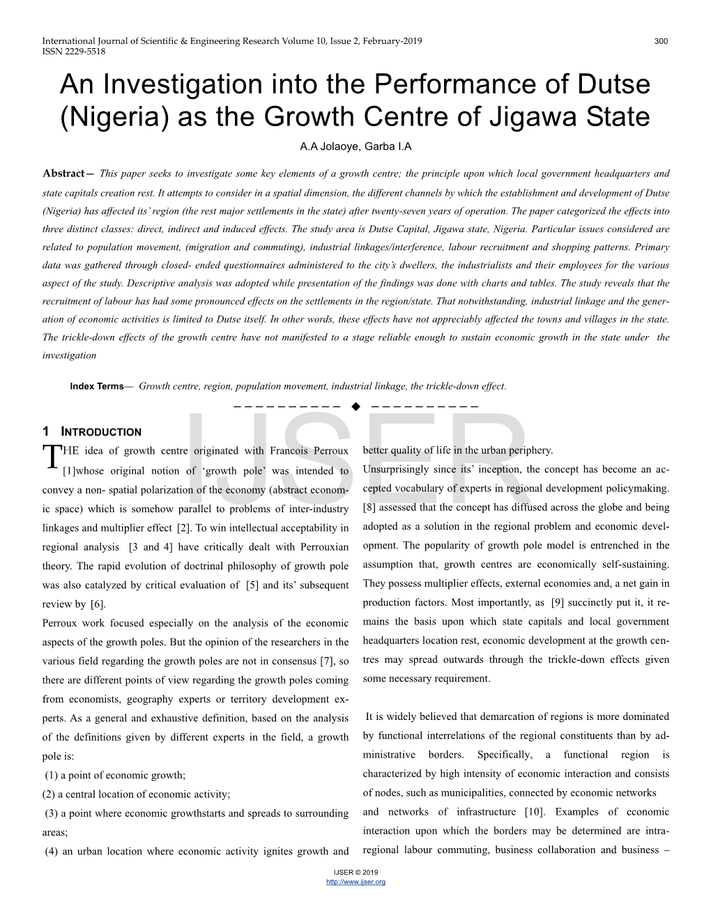 (Nigeria) As the Growth Centre of Jigawa State A.A Jolaoye, Garba I.A