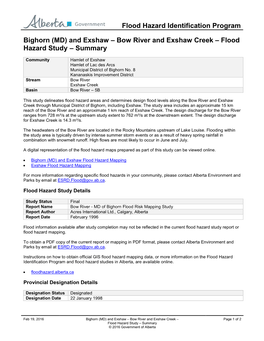 And Exshaw – Bow River and Exshaw Creek – Flood Hazard Study – Summary