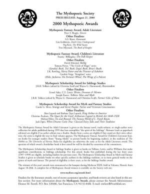 2000 Mythopoeic Awards Mythopoeic Fantasy Award, Adult Literature Peter S