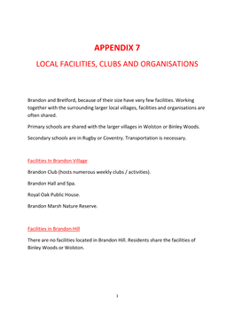 Appendix 7 Local Facilities, Clubs and Organisations
