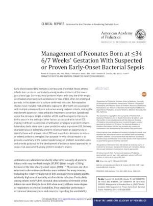 Management of Neonates Born at ≤34 6/7 Weeks' Gestation with Suspected Or Proven Early-Onset Bacterial Sepsis Karen M