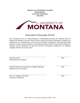 MONTANA UNIVERSITY SYSTEM Mission Review University of Montana July 2014
