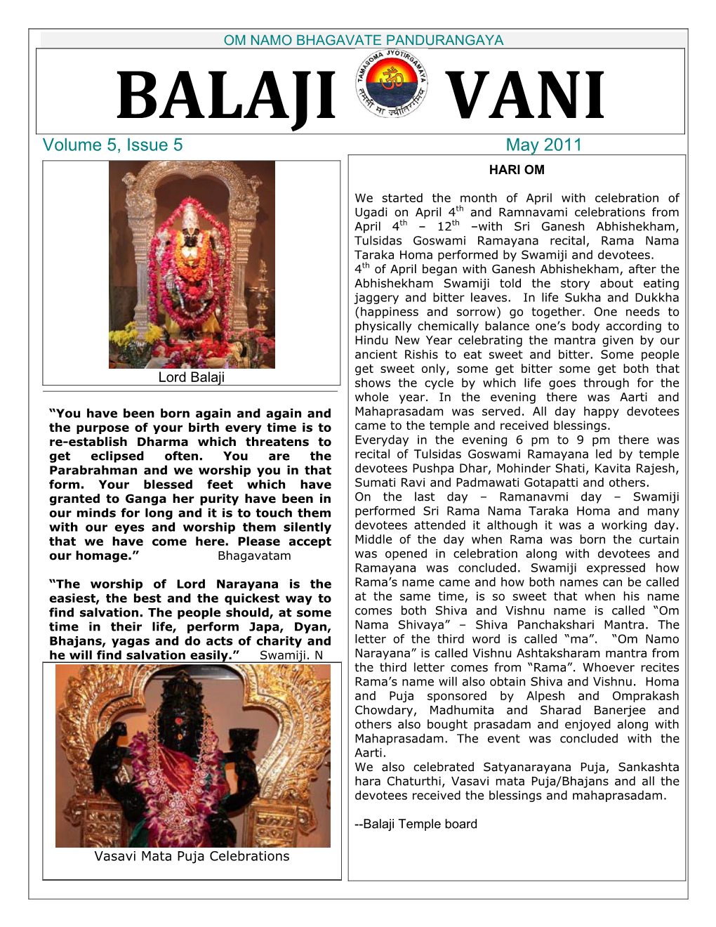 BALAJI VANI Volume 5, Issue 5 May 2011