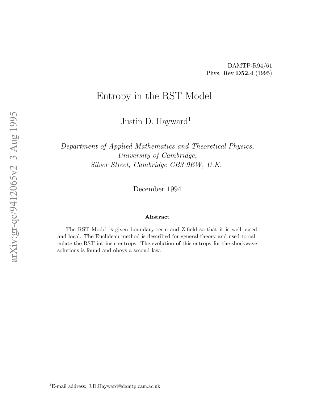 Entropy in the RST Model