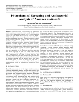 Phytochemical Screening and Antibacterial Analysis of Launaea Nudicaulis
