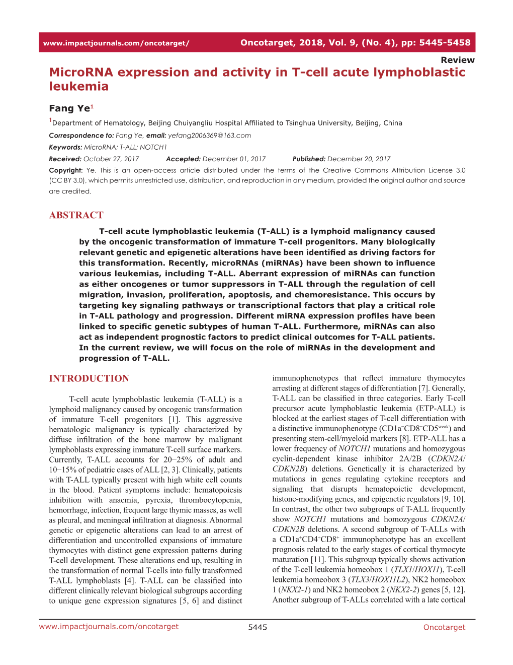 Microrna Expression and Activity in T-Cell Acute Lymphoblastic Leukemia